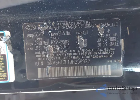 2009 Hyundai Santa Fe Se z USA, uszkodzony, nr VIN 5NMSH13E19H238922